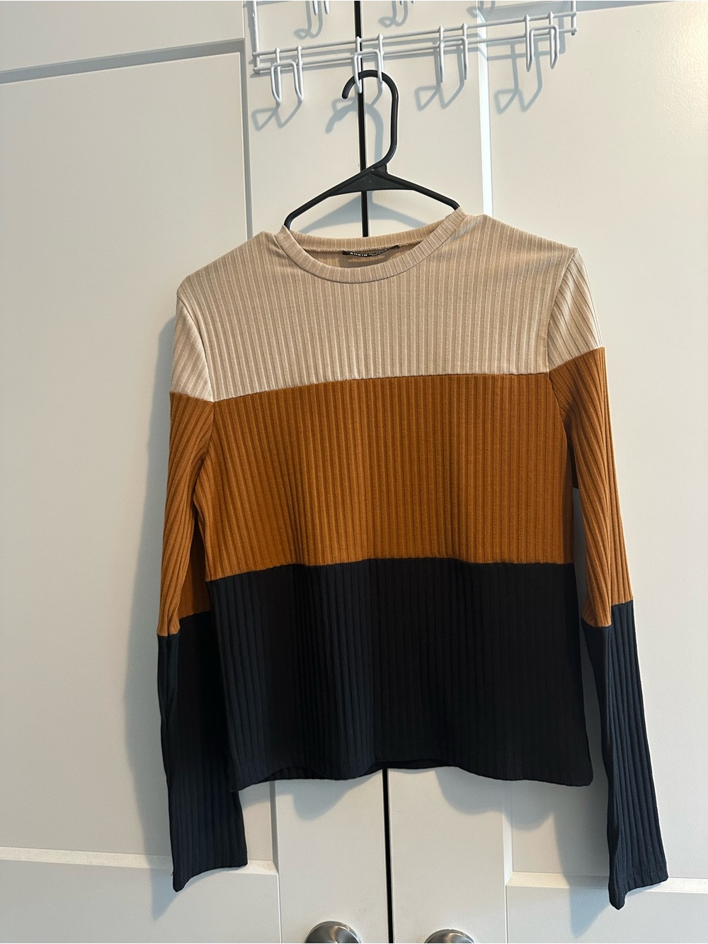 SHEIN Colorblock Ribbed Long-Sleeve Top - Cream, Brown, Black
